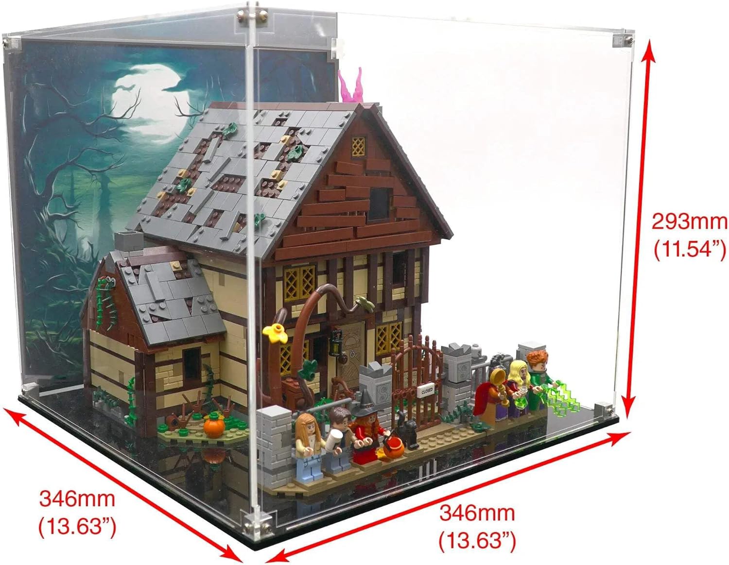 Display Case Compatible with Lego Set 21341 - Disney Hocus Pocus: The Sanderson Sisters' Cottage - Acrylic Dustproof Showcase with Pre-Printed Background - Set Not Included
