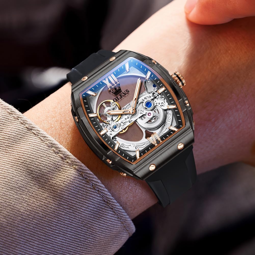 OLEVS Watches for Men Fully Skeletonized Shape Automatic Self Winding Mechanical Luxury Dress Silicone Waterproof Luminous Men Square Wrist Watch
