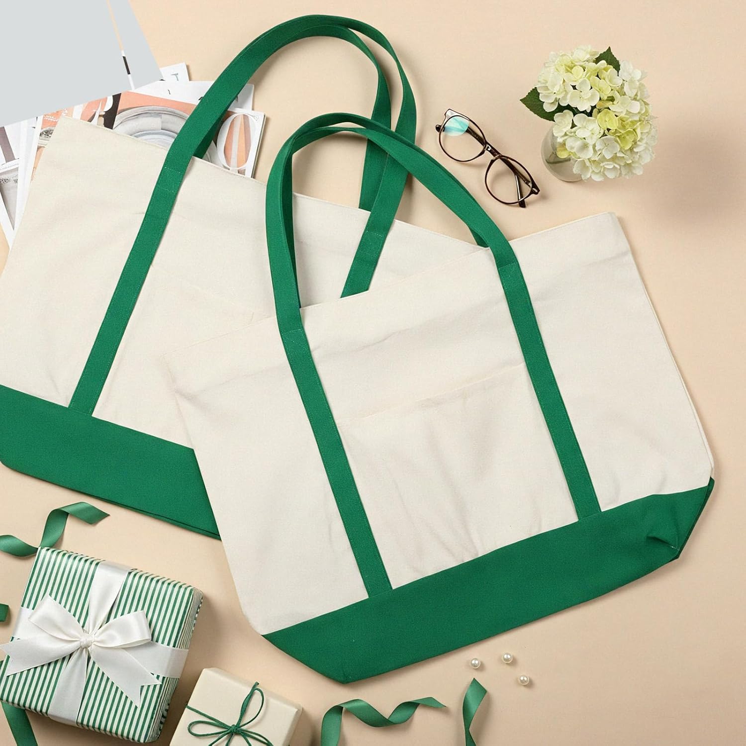 8 Pcs Large Canvas Tote Bags Bulk with Top Zipper Closure, Reusable Grocery Shopping Bags, Bachelorette Party DIY Gifts (Green) - Image 5