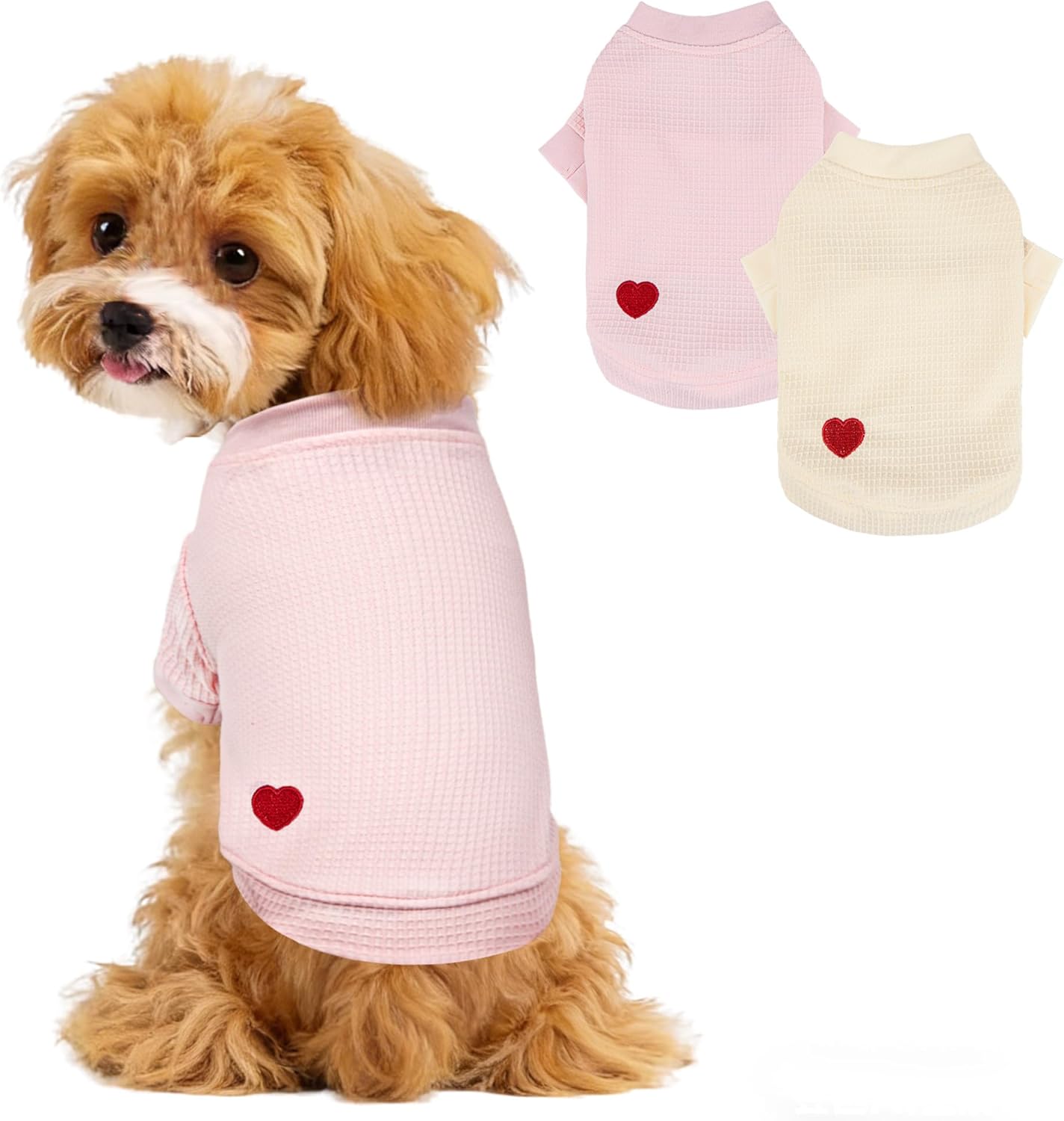 2-Pack Dog Shirts, Soft Cozy Short Sleeve Dog Tshirts for Small Medium Dogs Girls Boys, Embroidered Heart Waffle Short Dog Clothes, Ideal for Daily Wear Dog T Shirt, Large, Pink & Yellow