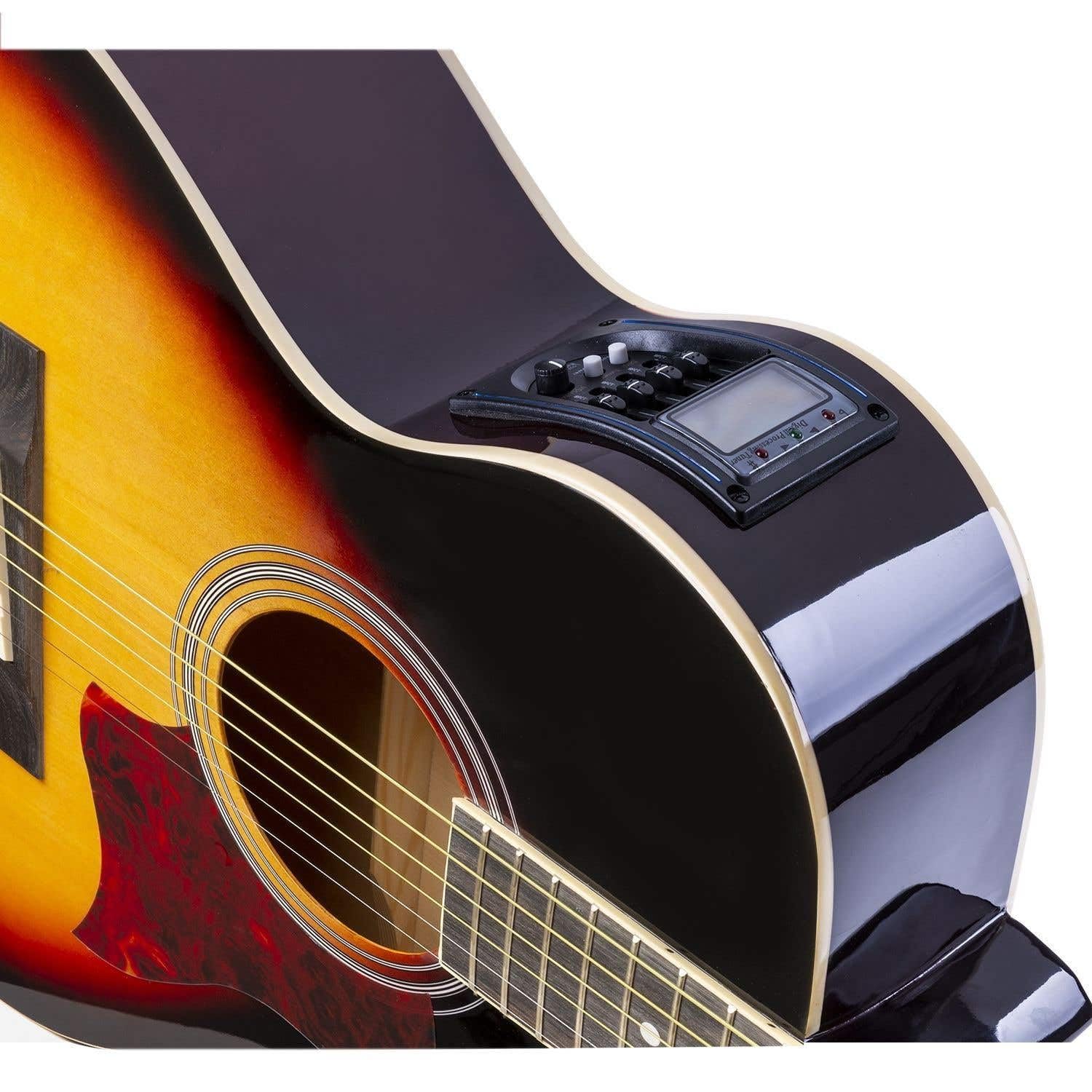 MAX ShowKit Elektro Akustik Gitarre Set mit Verstärker 40 Watt, Gitarrentasche, Gitarrenständer, Gitarrenstimmgerät, Instrumentenkabel, Plektrum und E Akustikgitarre mit Tonabnehmer - Sunburst