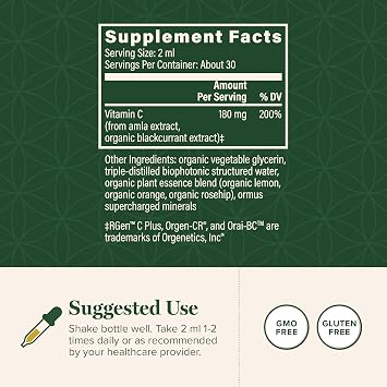 Organic Vitamin C Liquid Drops 180mg, Immune & Energy Support (2 Oz) | Global Healing Vitamina C Vitamin C Liquid Drops Antioxidant Immune