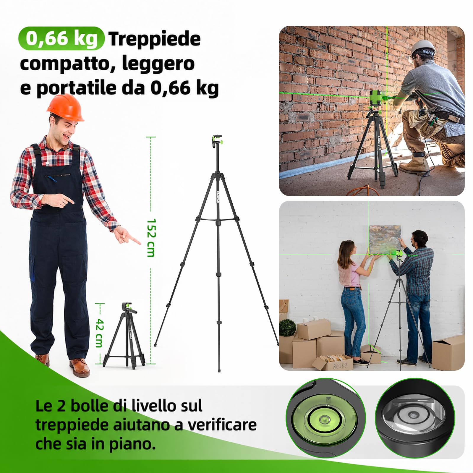 Huepar GK011DG Nivel Láser Autonivelante Verde con Trípode 1,52m, Línea Cruzada Horizontal/Vertical 110°, Alcance 30 m, con Bolsa, Gafas, Placa objetivo y 2 Pilas AA para Bricolaje, Casa, Carpintería