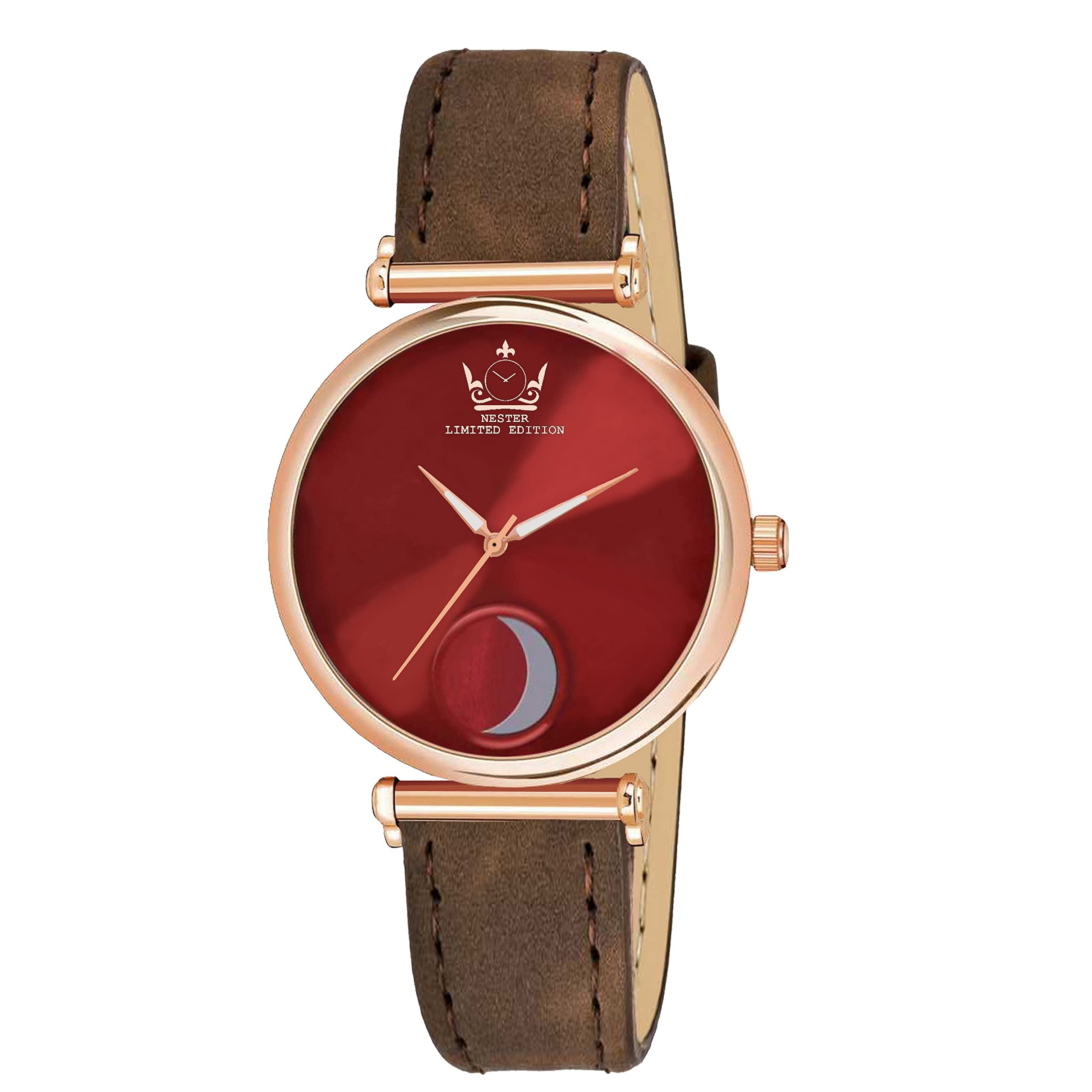Nester Leather Strap Moon Designed Girls and Women Analog Watch (Maroon-BrownBlet)