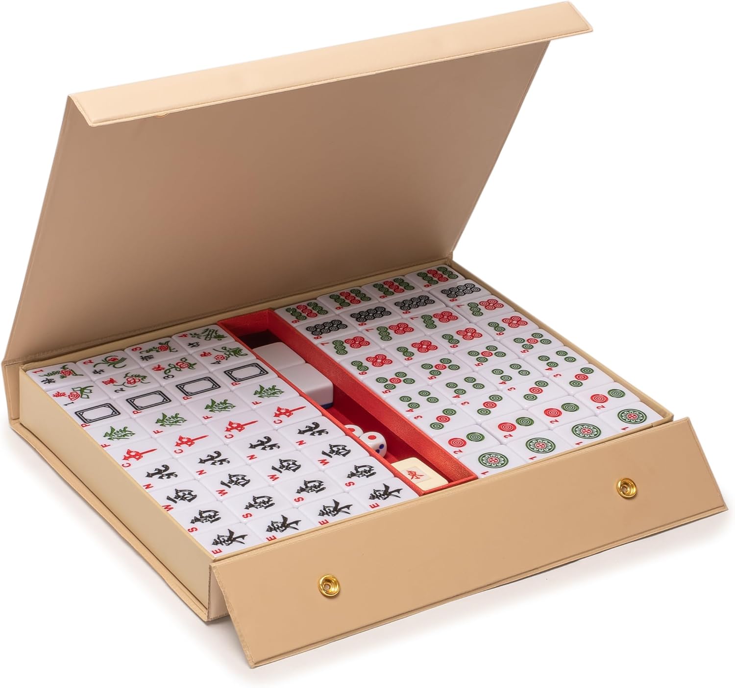 Yellow Mountain Imports Chinese Mahjong Set, “Aureum Spring” with 146 Medium Tiles, Champagne-Toned Vinyl Case, Wind Indicator and Dice, for Chinese Style Gameplay Only [金泉中國麻將]