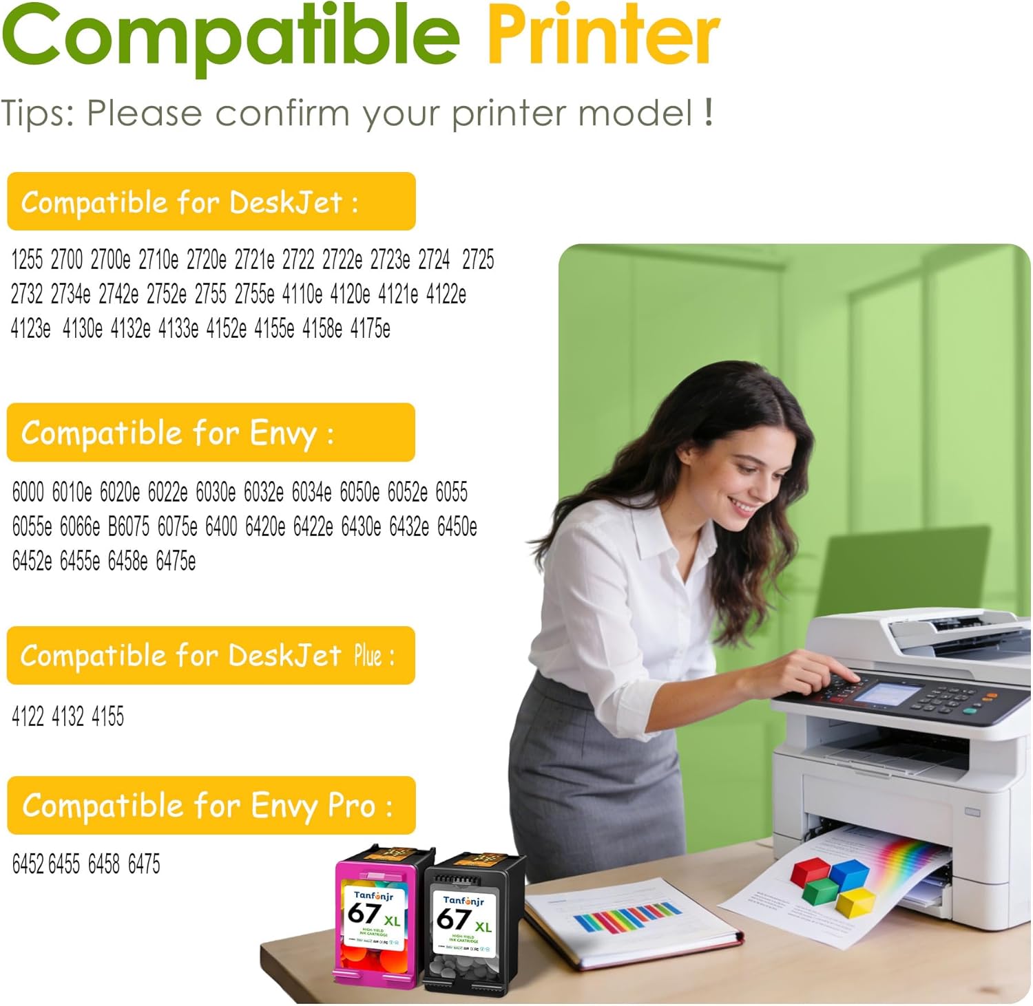 67XL Ink Cartridge Combo Pack Black and Color Replacement for HP Ink 67 67XL Work for DeskJet 2755e 2855e 2700e 4155e 2734e 2827e 4100e Envy 6055 6455e Printer 2 Pack