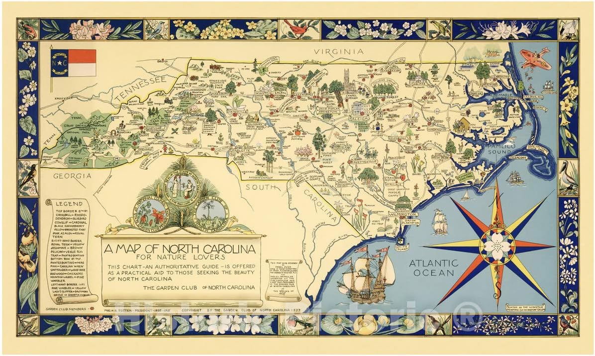 Historic Pictoric A Map of North Carolina for Nature Lovers The Garden Club of North Carolina, 1937 - Vintage Wall Art - 24in x 40in