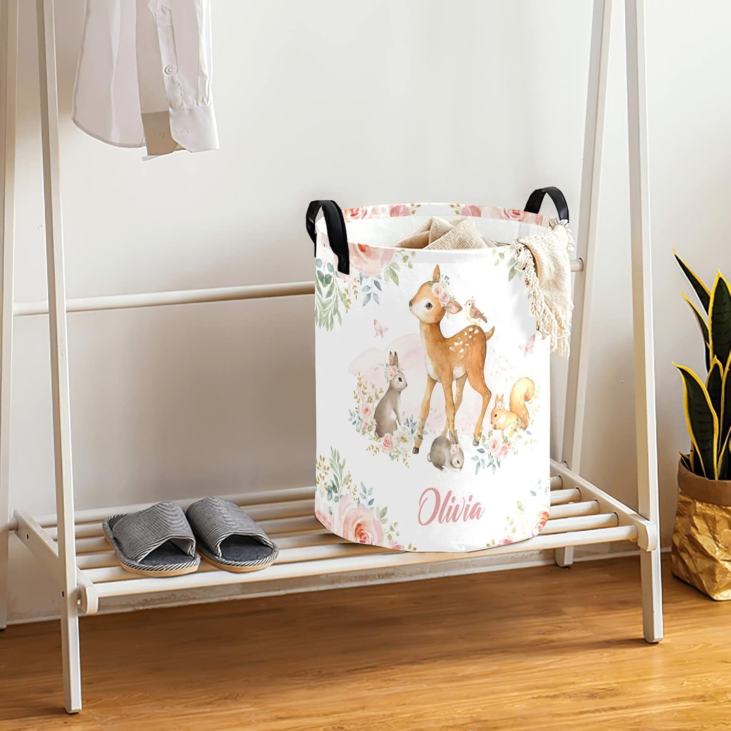 Deer Bunny Floral Pink Woodland Personalized Laundry Basket Clothes Hamper with Handles Waterproof,Collapsible Laundry Storage Baskets Decorative