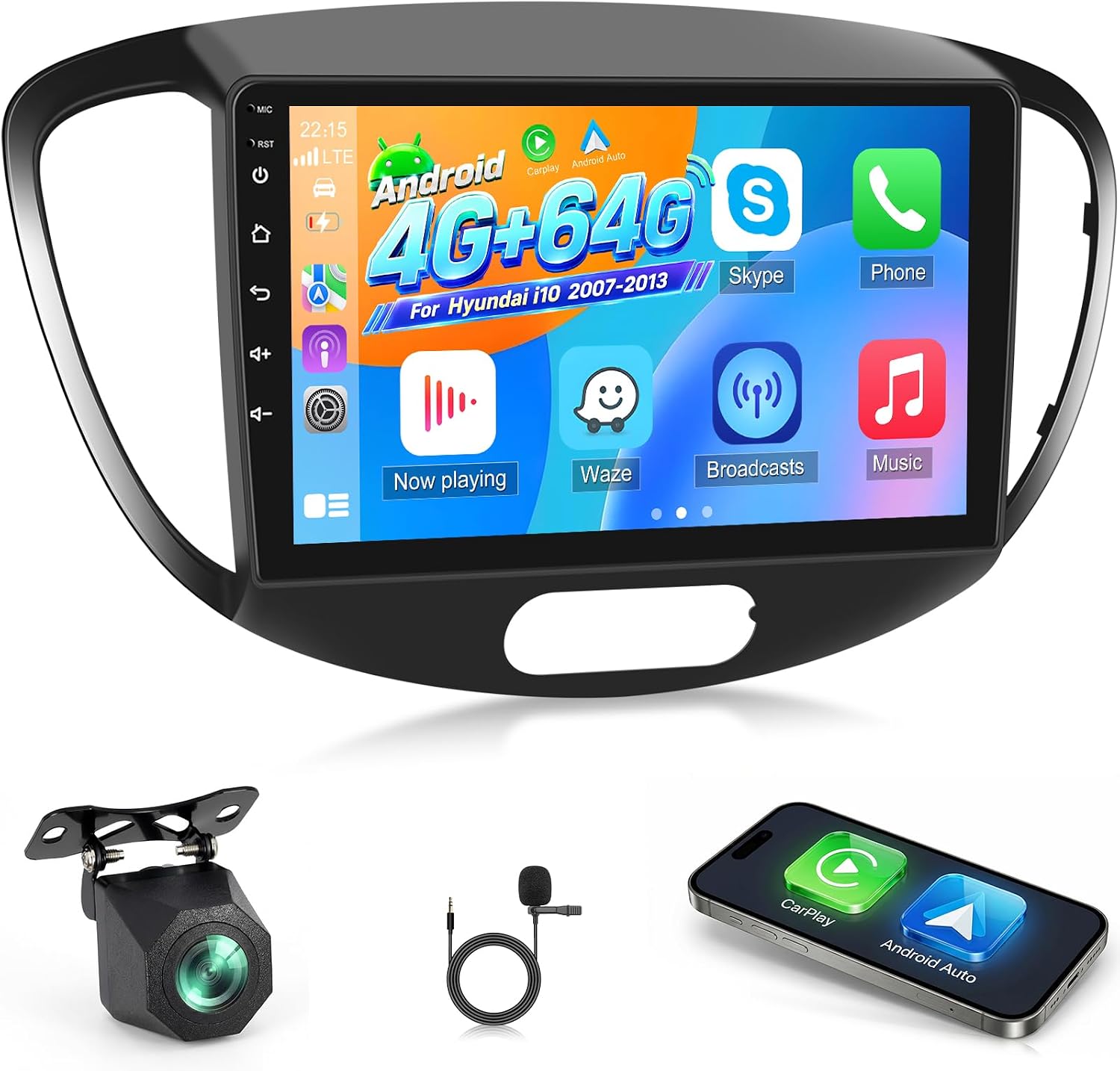 NHOPEEW Radio samochodowe 4 + 64G do Hyundai i10 2007-2013 - 9 cali radio samochodowe z systemem Android z bezprzewodowym Carplay i Android Auto - Mirror Link 32EQ DSP Split-Screen + kamera cofania i