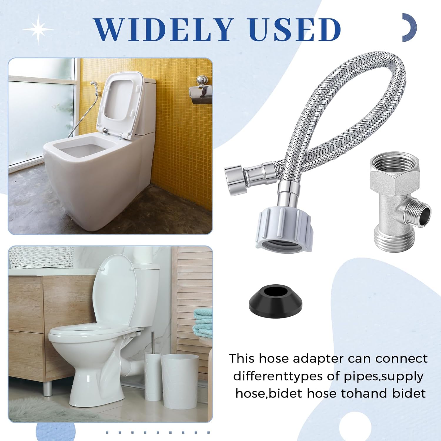 Blulu Bidet T Adapter, Metal T Valve for Bidet 7/8"x7/8"x3/8" with 12 Inch Flexible Toilet Connector, 3 Way Tee Connector Attachment for Toilet Bathroom