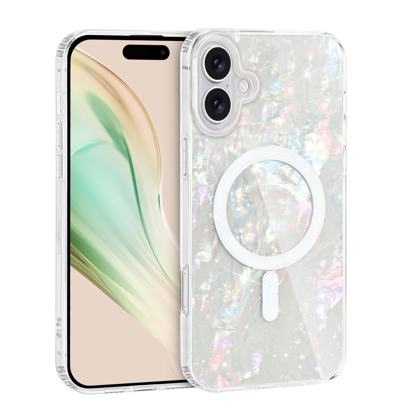 CameCosy for iPhone 16 Plus Magnetic Case [Compatible for MagSafe], Sparkle Glitter with Colorful Pearl Shell Design for Women Girls, Hard PC Back