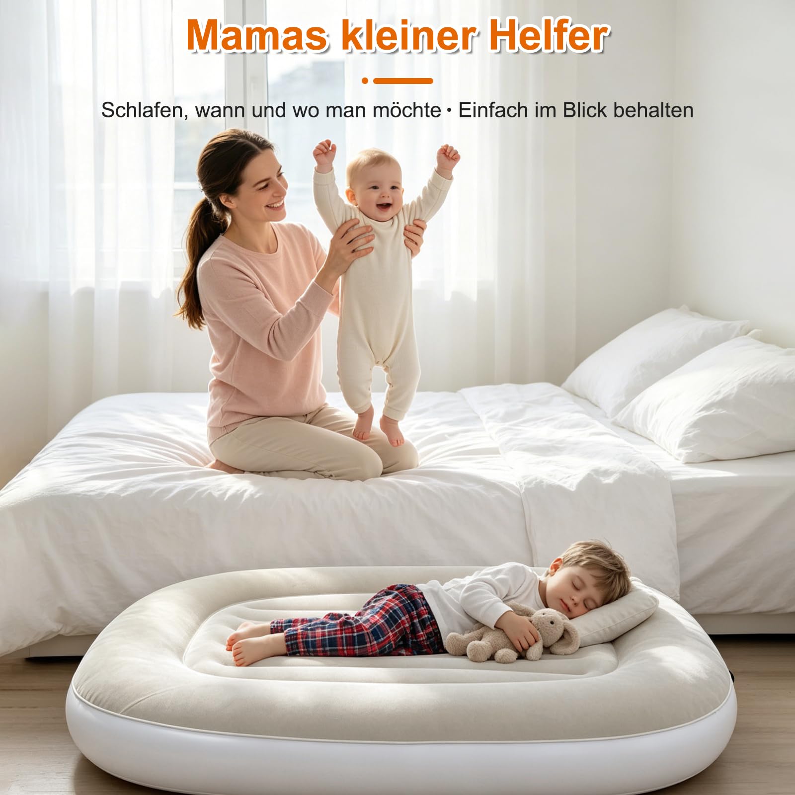 Kinder Luftbett aufblasbar mit Handpumpe, weiche beflockte Oberfläche, Reisebett für Kleinkinder