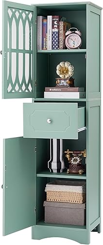 Armario de almacenamiento alto para baño con estante ajustable, gabinete de piso independiente con cajón y 2 puertas, tablero de MDF, puerta