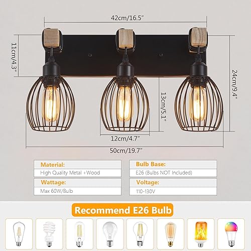 Miniatura 2 de Lámpara de tocador de granja de 3 luces para baño, aplique de pared de madera con elegante jaula de lágrima, luces industriales negras de tocador