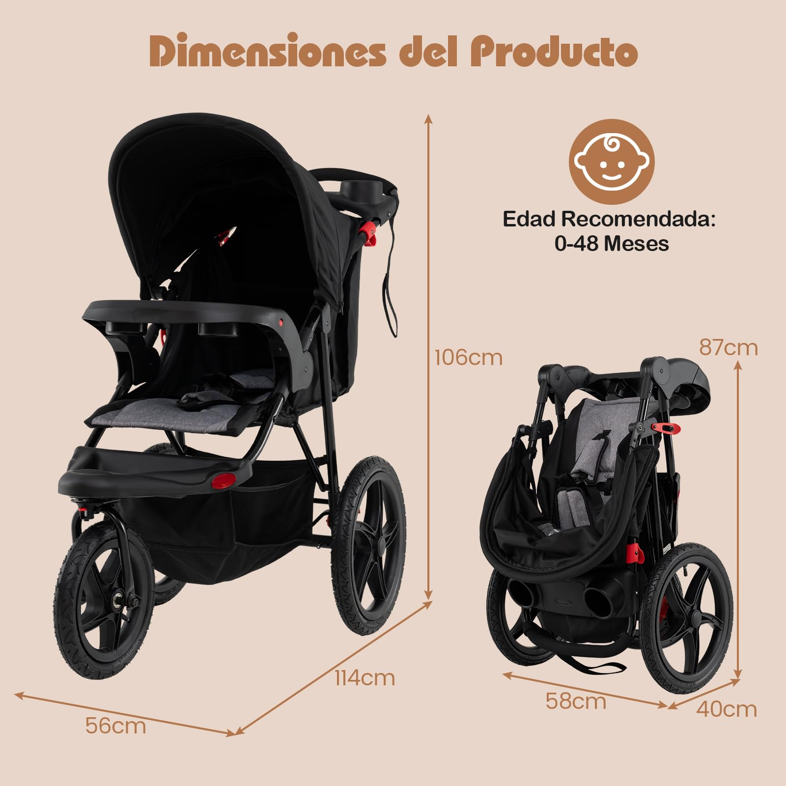 COSTWAY Silla de Paseo Ligera, Carrito Bebé Plegable con Dosel Ajustable, Asiento Reclinable, Bandeja Desmontable, Bolsa de Almacenaje y Ruedas Infladss, Carro para Bebés de 0 a 48 Meses