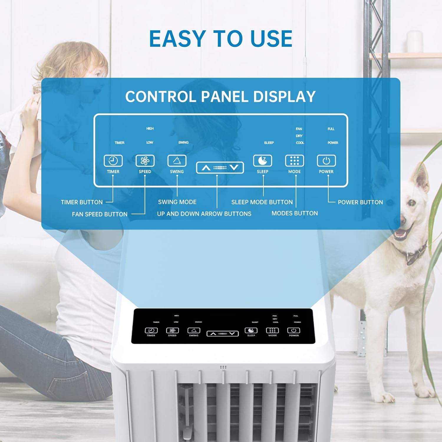 Diagram of the control panel display on the Acekool portable air conditioner with labels for each button and indicator.