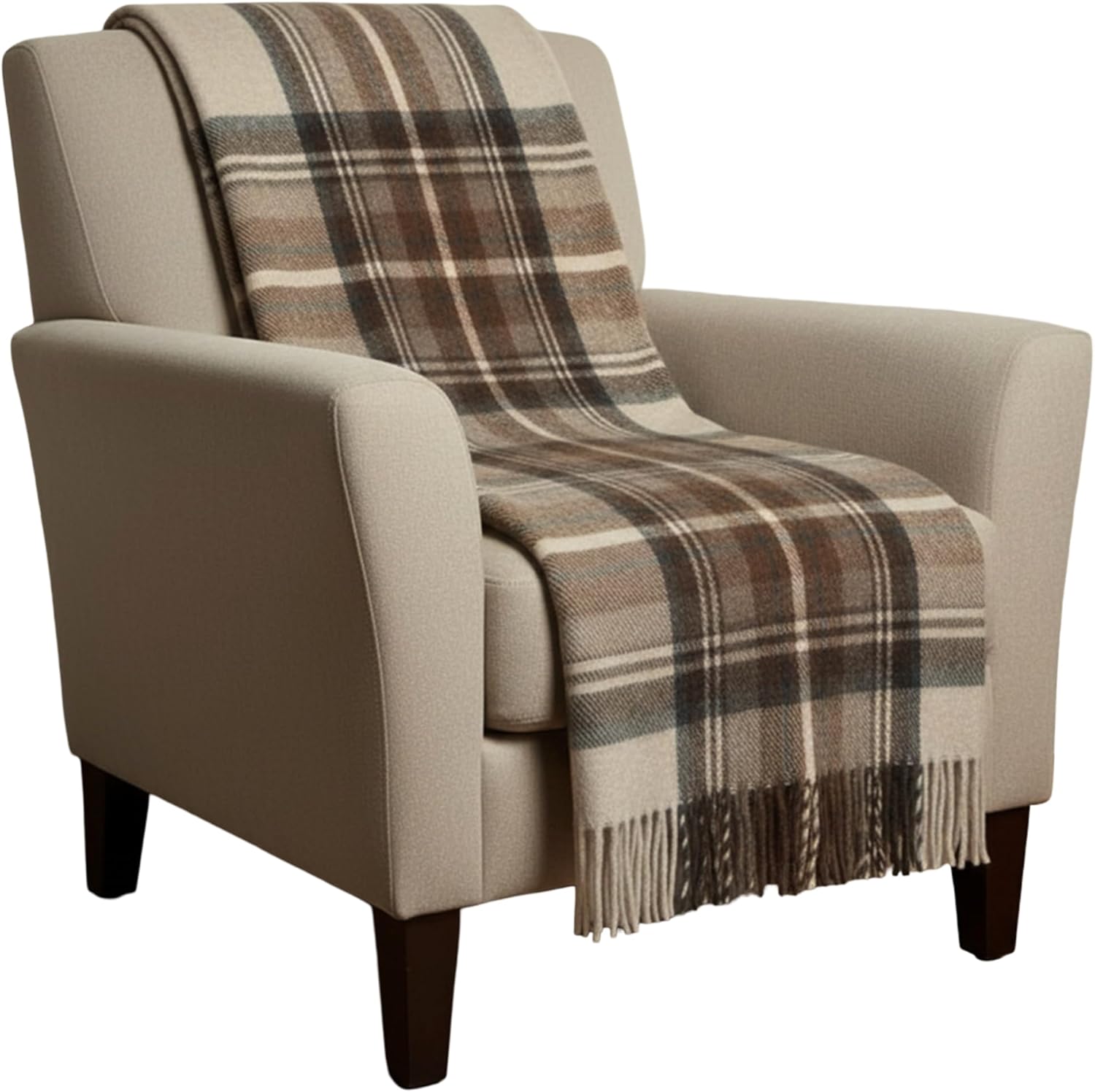 Soft Wool Tartan Knee Blanket - 185x77cm Scottish Tartan Check Rug with Fringed Edges – Warm Sofa, Travel & Car Blanket for Christmas (Stewart Natural Dress)