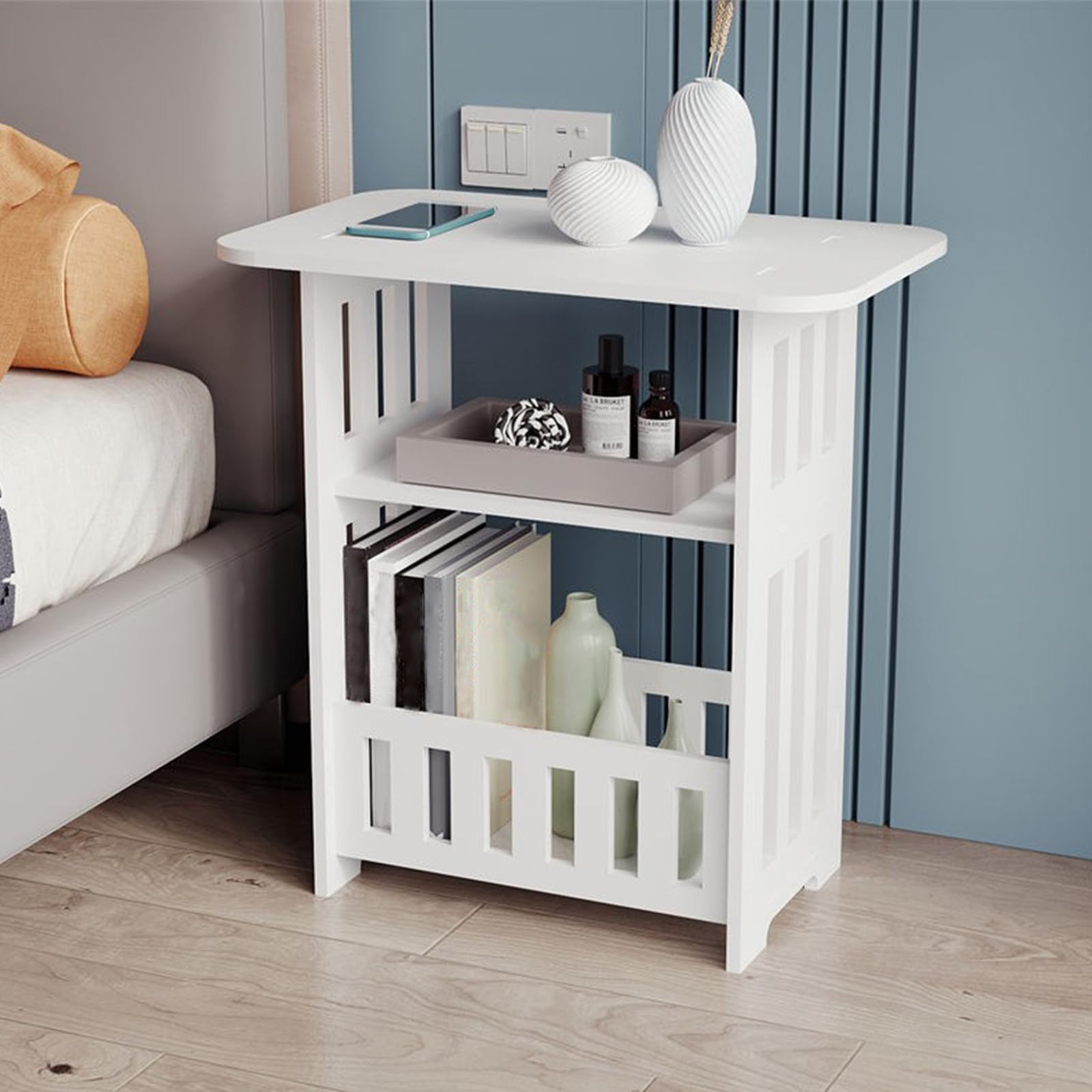 White Bedside Table Compact PVC Nightstand Multifunctional Storage Cabinet Waterproof Side Table for Bedroom Bathroom Kitchen Easy-Move Mini