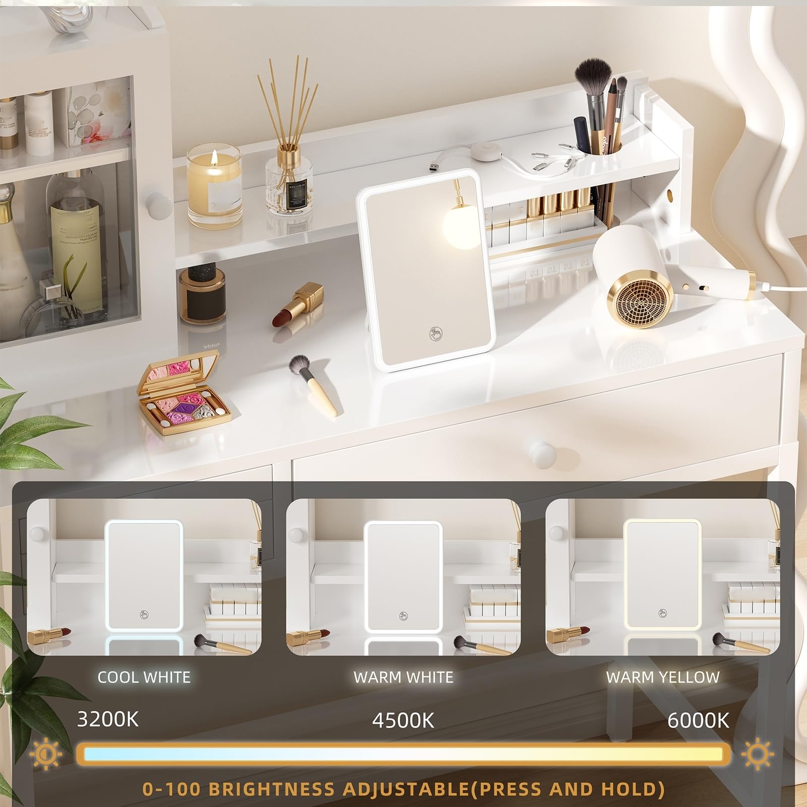 Tavolo da Trucco con Specchio Illuminato in MDF Bianco