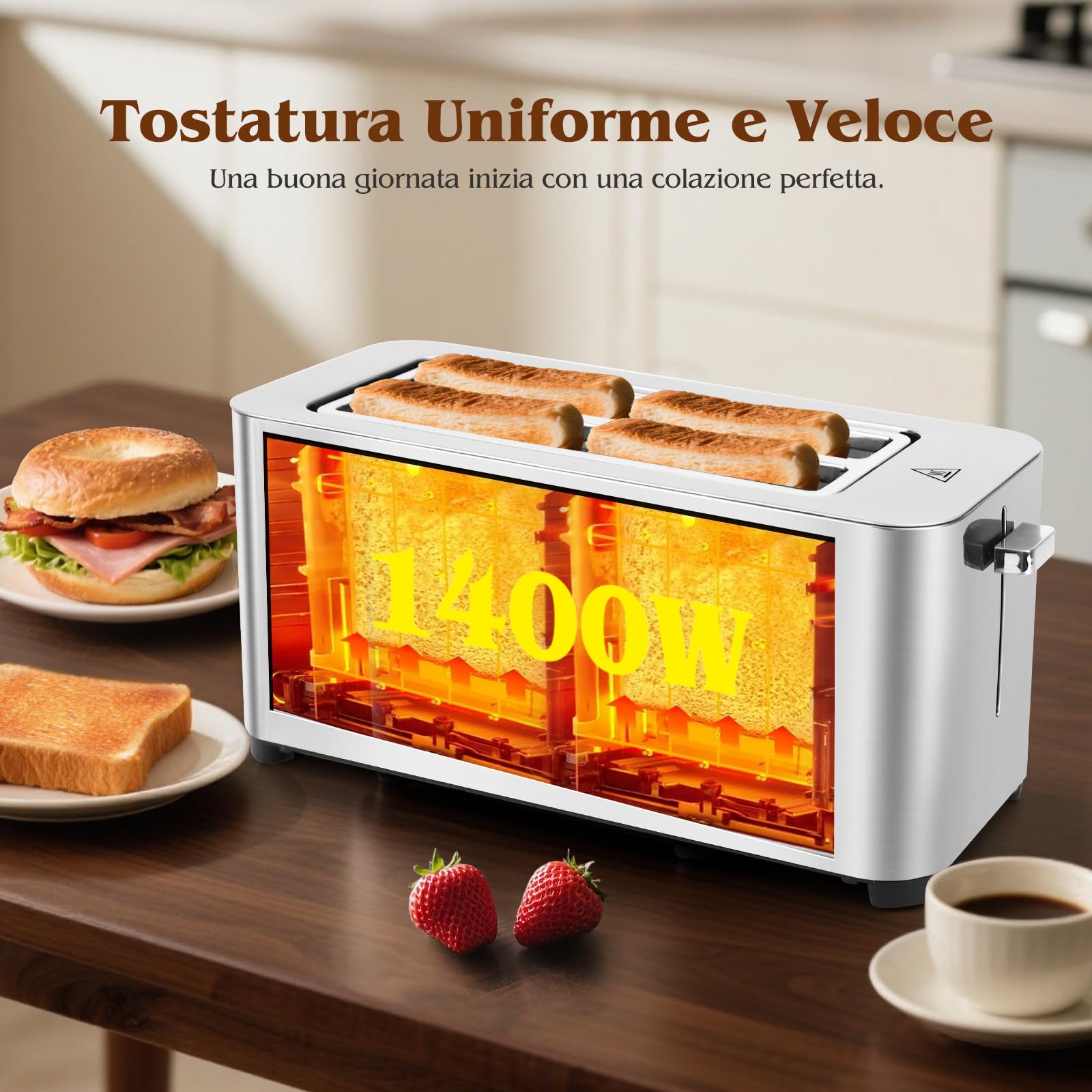 Aigostar Tostapane 4 Fette, LED Touchscreen, Fessure Extra Larghe da 4cm e Centratura Automatica, 6 Livelli di Tostatura, Funzioni Riscaldamento/Scongelamento/Stop, 1400W, Acciaio Inox Spazzolato