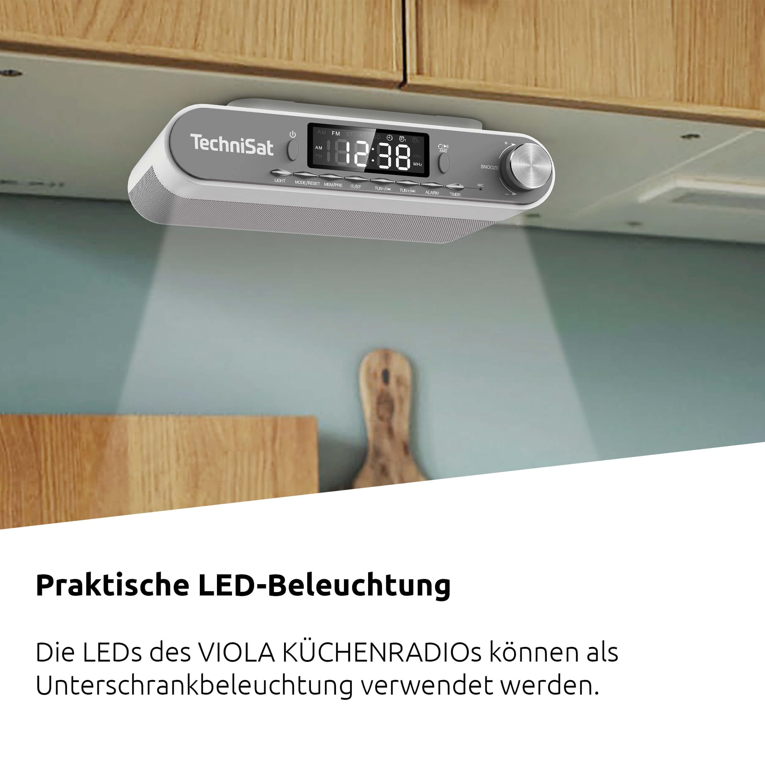 TechniSat Viola Küchenradio - Unterbau Radio mit UKW/FM, LED Display, Arbeitsleuchte, Timer, Bluetooth, Weckfunktion, Freisprecheinrichtung, 5 W Lautsprecher