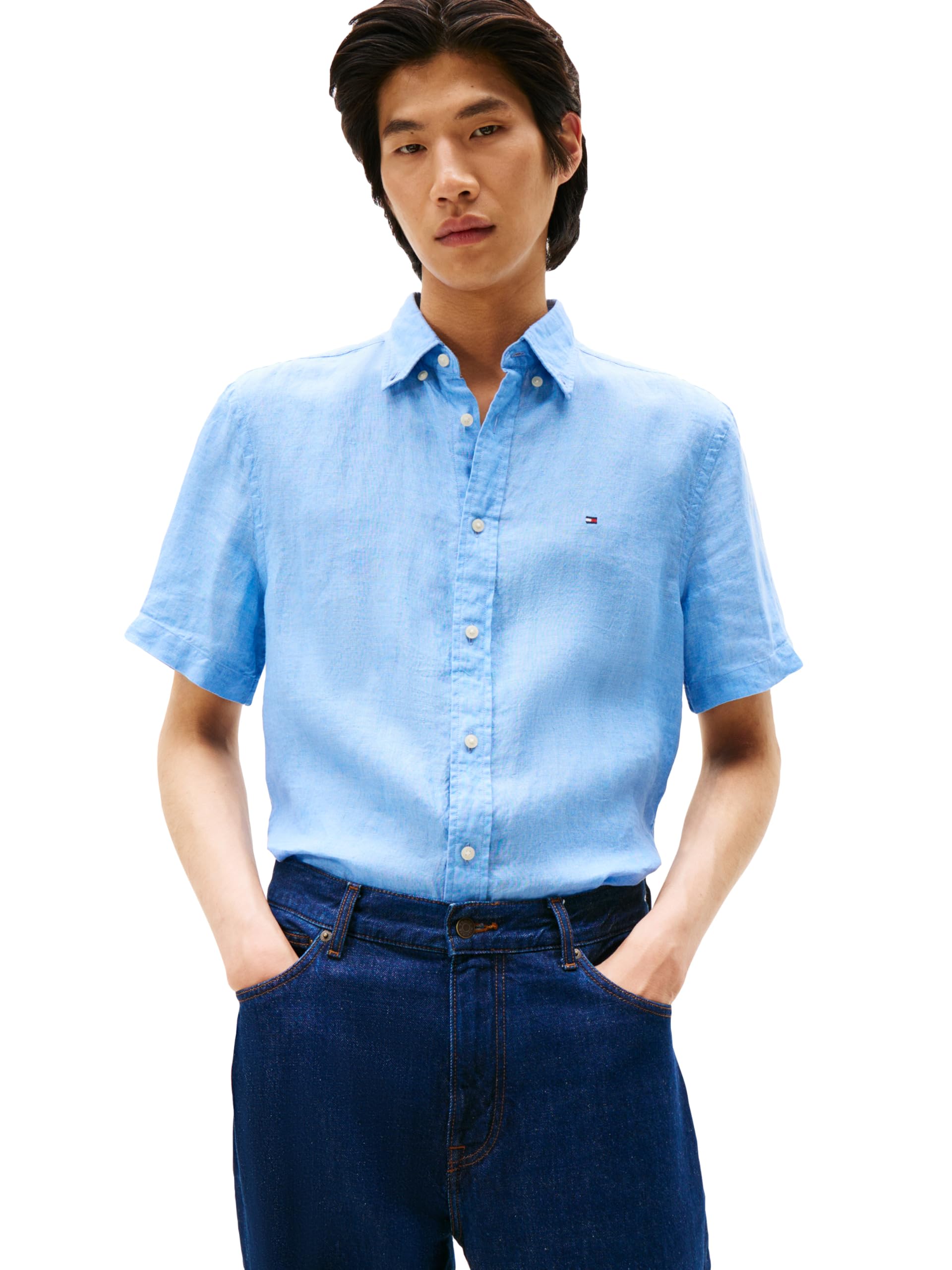 Tommy Hilfiger Men's Vessel Blue Short Sleeve Casual Linen Button Down Shirts In Regular Fit, Large