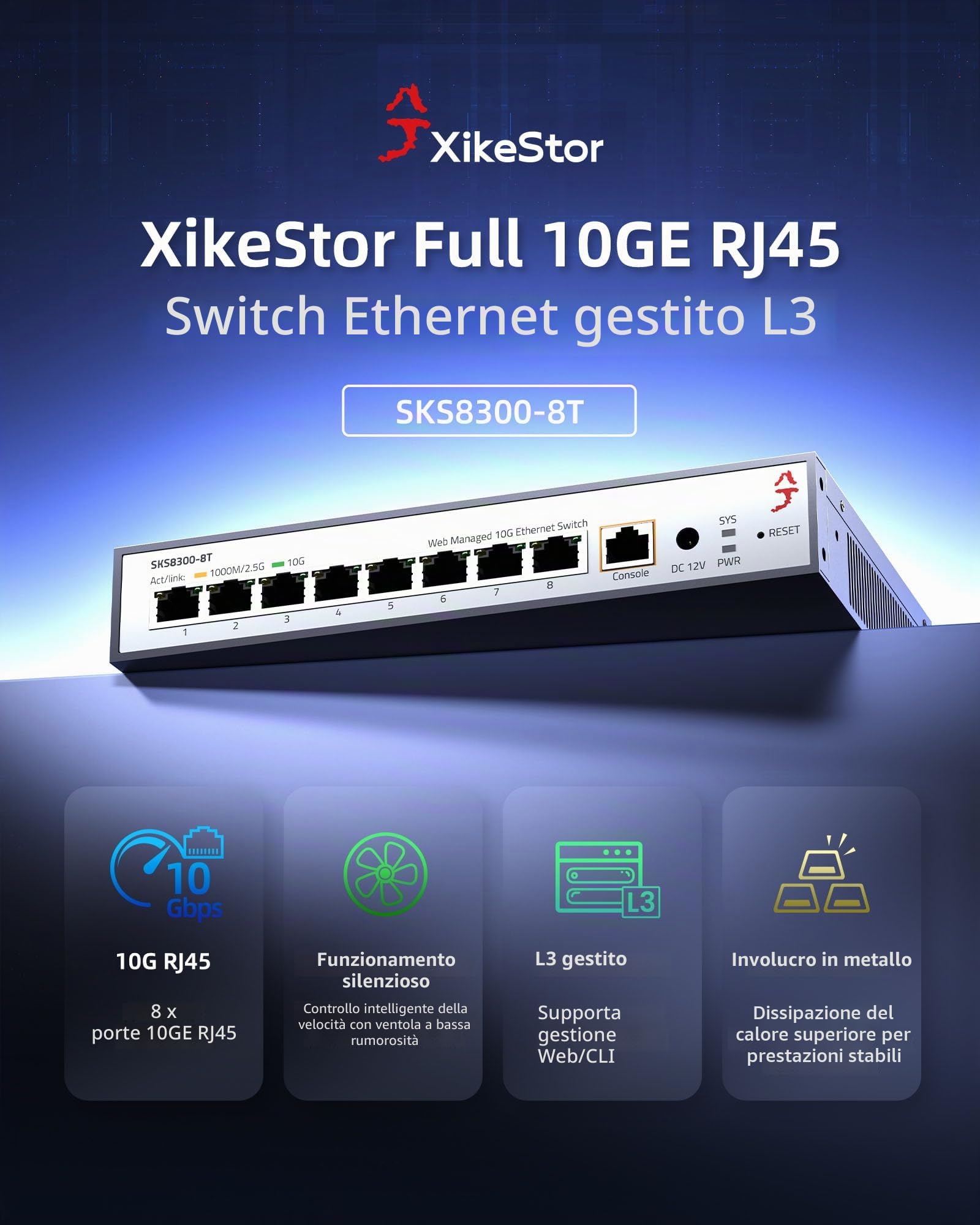 Switch 10G Managed Multi-Gigabit a 8 porte | 8 porte RJ45 10G, supporto VLAN/LACP/QoS, gestione Web, IPv4/IPv6, routing L3, per reti NAS/Gaming/Ufficio