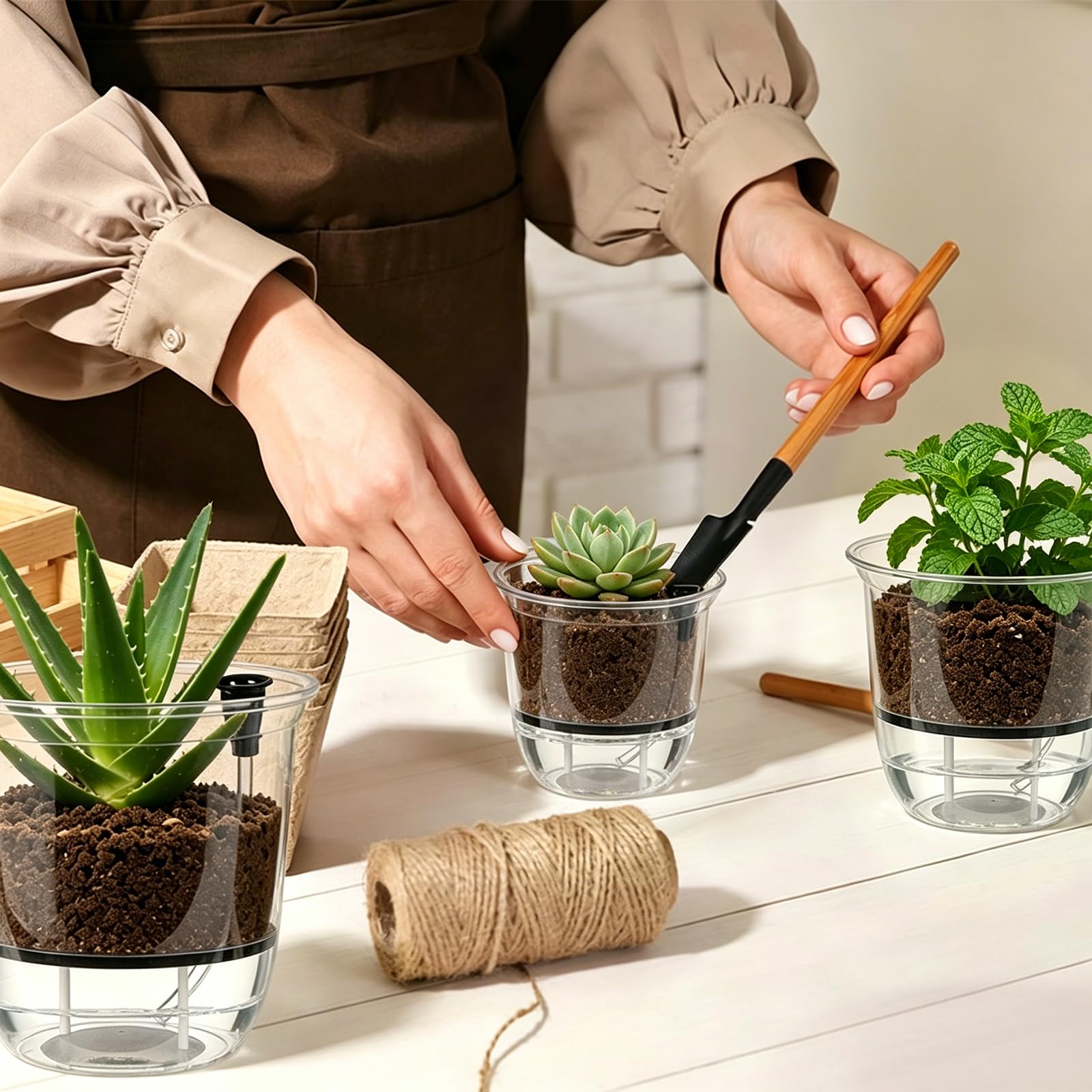 9 Lot de 3 Pots de Fleurs Transparents en Plastique à Arrosage Automatique Jardinières Modernes avec Système D'Arrosage Intégré pour Semis D'Intérieur Décoration de Maison Jardin Balcon