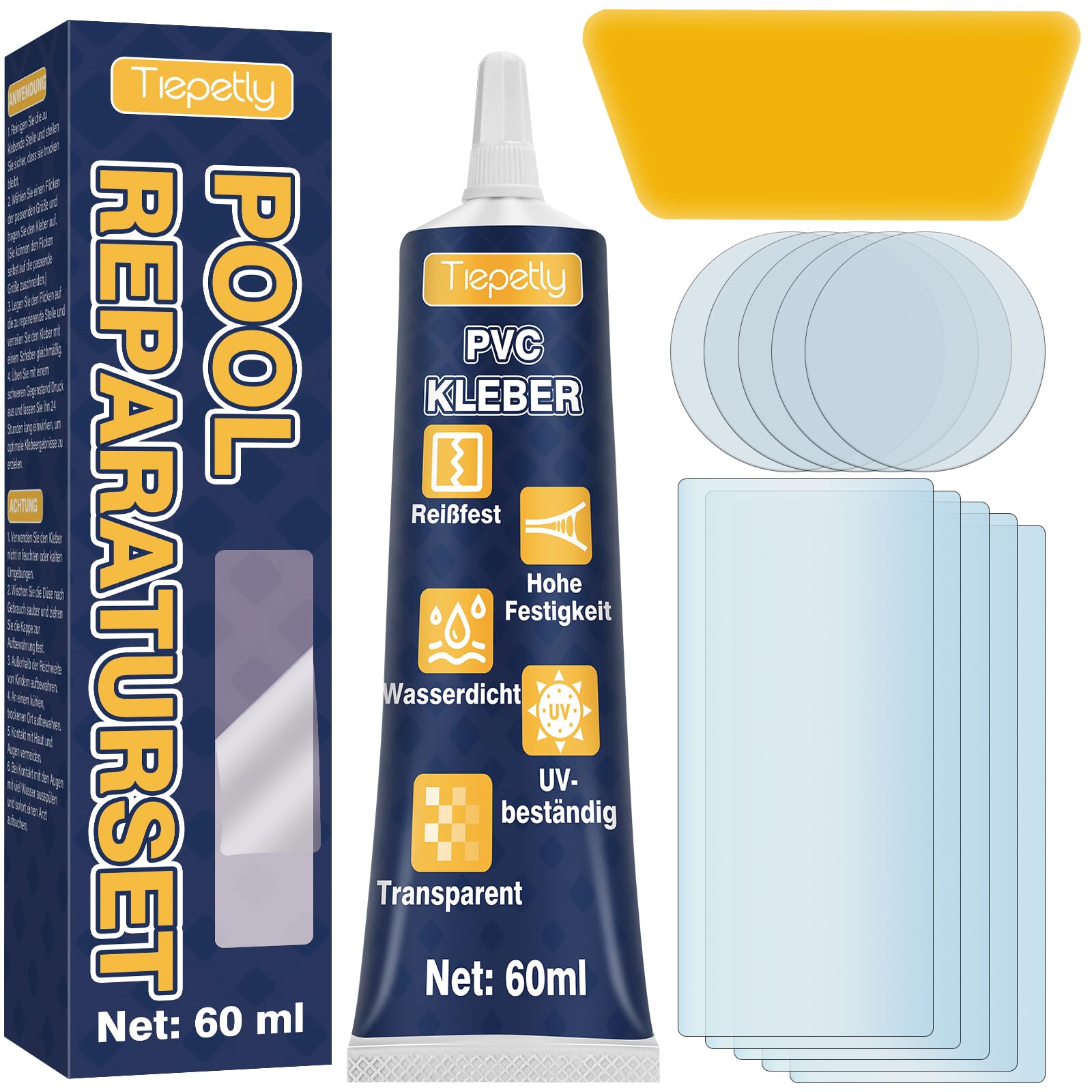 Tiepetly Pool Reparaturset Wasserdicht Transparent, Pool Flicken Unterwasser für Flickzeug Luftmatratze, Schlauchboot, Zelt, PVC, ABS, Eva und Gummi (60ML)