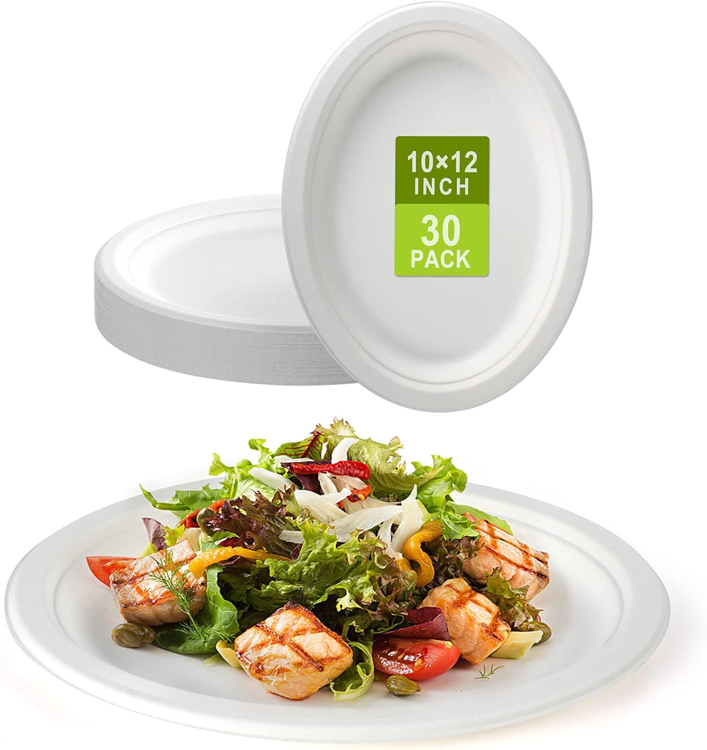 30 Pack 12" Oval Compostable Plates Heavy Duty Bagasse Fiber Disposable Dinnerware Microwave & Freezer Safe Eco-Friendly, Leakproof for BBQ, Party, Catering (White)