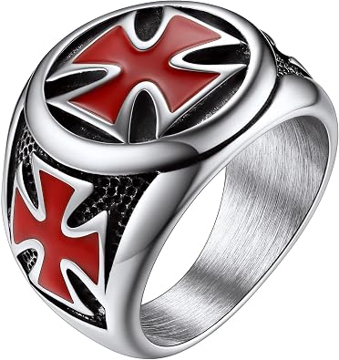 FaithHeart Mens Stainless Steel Crusader Jerusalem Cross Ring with 18K Gold Plated Two Tone Ring Size 7,8,9,10,11,12