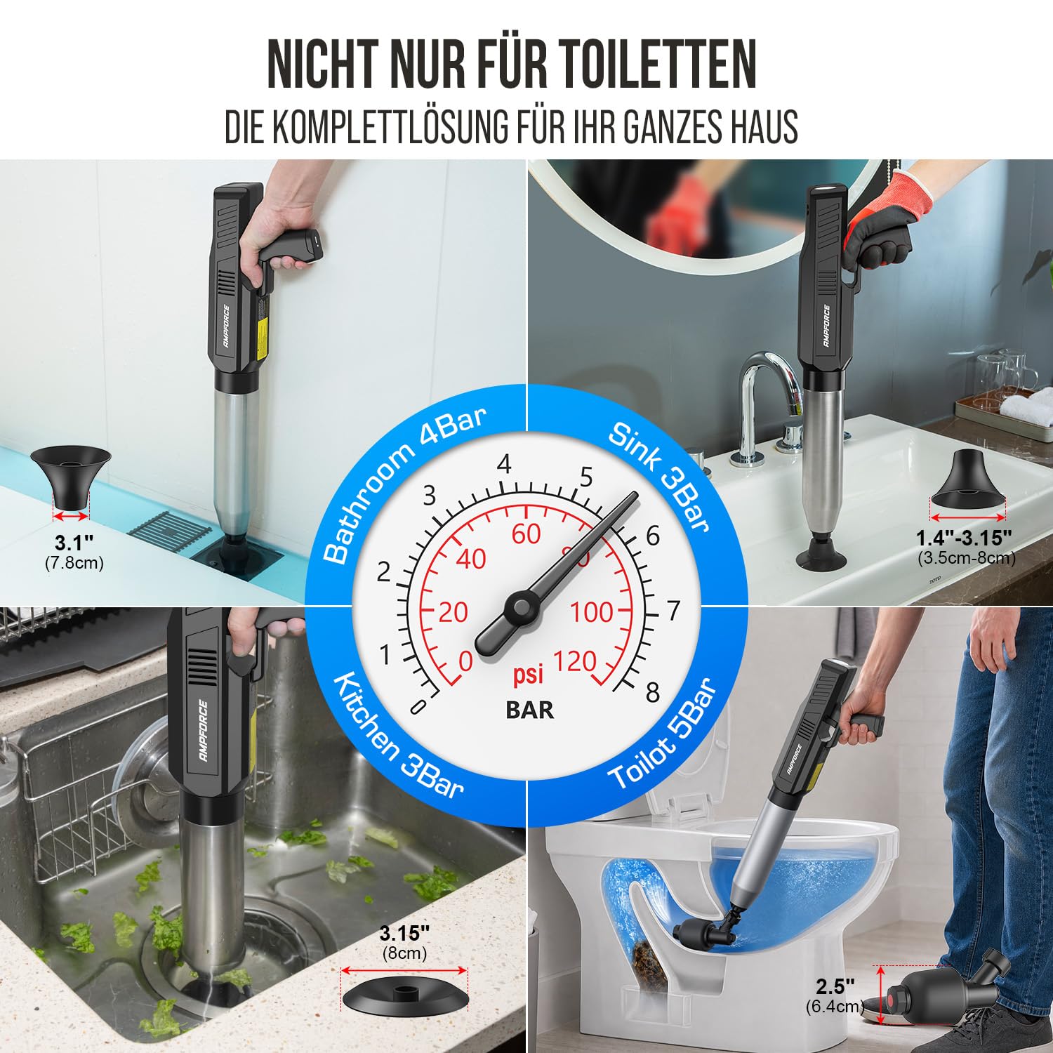 Elektrischer WC Pümpel - 1-8 BAR verstellbarer Druckluft Rohrreiniger, 120° Anti-Spritz Saugglocke Toilette, USB-C Abflussreiniger Pumpe für WC Waschbecken Dusche Küche(Tintenschwarz)
