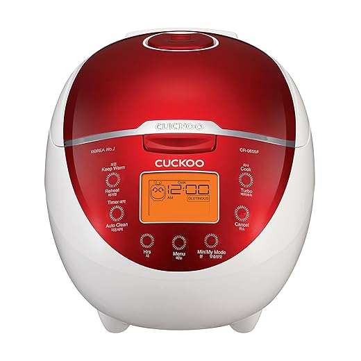 Cuckoo cr-0655f | 6-cup (uncooked) micom rice cooker | 12 menu options: white rice, brown rice & more, nonstick inner pot, designed in korea | red/white