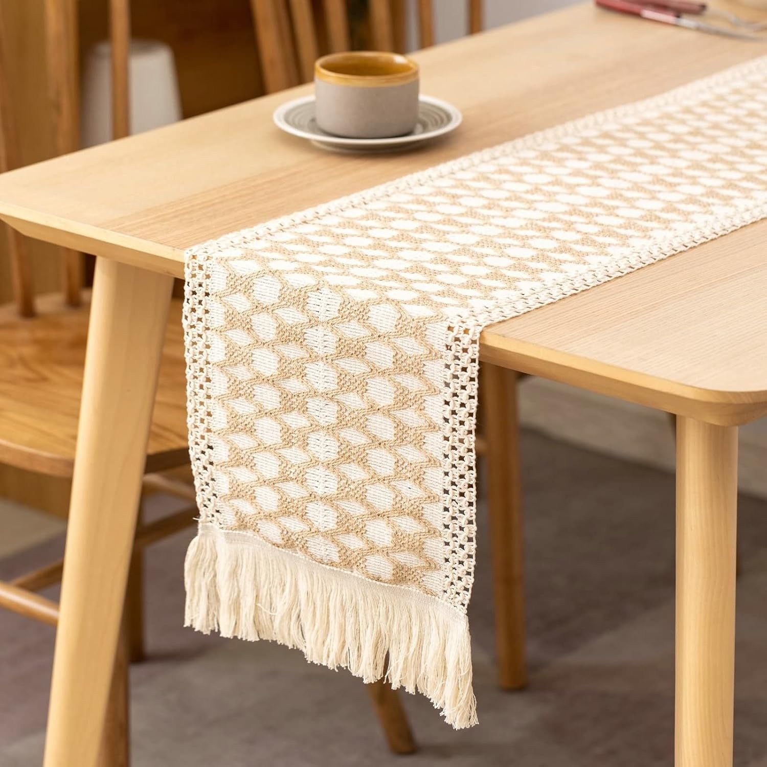 Kitchen Dining Table Runner,12" x 63",Braided with Tassels Linen Table Runner Modern Living Room Table Runners Light Brown
