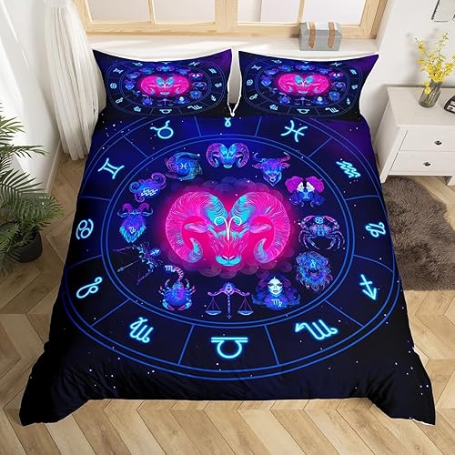 Miniatura 11 de Piscis - Juego de funda de edredón tamaño Queen con patrón de constelación 3D, funda de edredón de galaxia morada para niños, jóvenes, niñas, Multi