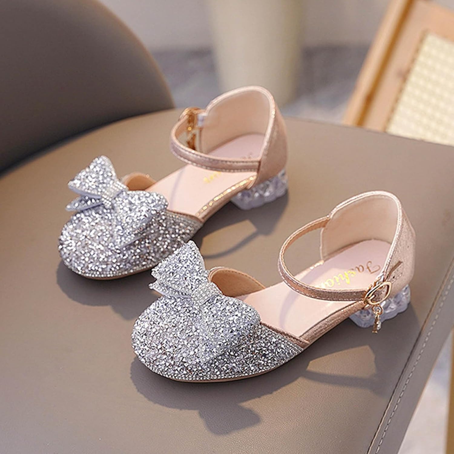 Girls Dress Shoes 2026 Sparkly Glitter Bow Low Block Heel Ankle Strap Princess Party Little Kids Toddler Footwear