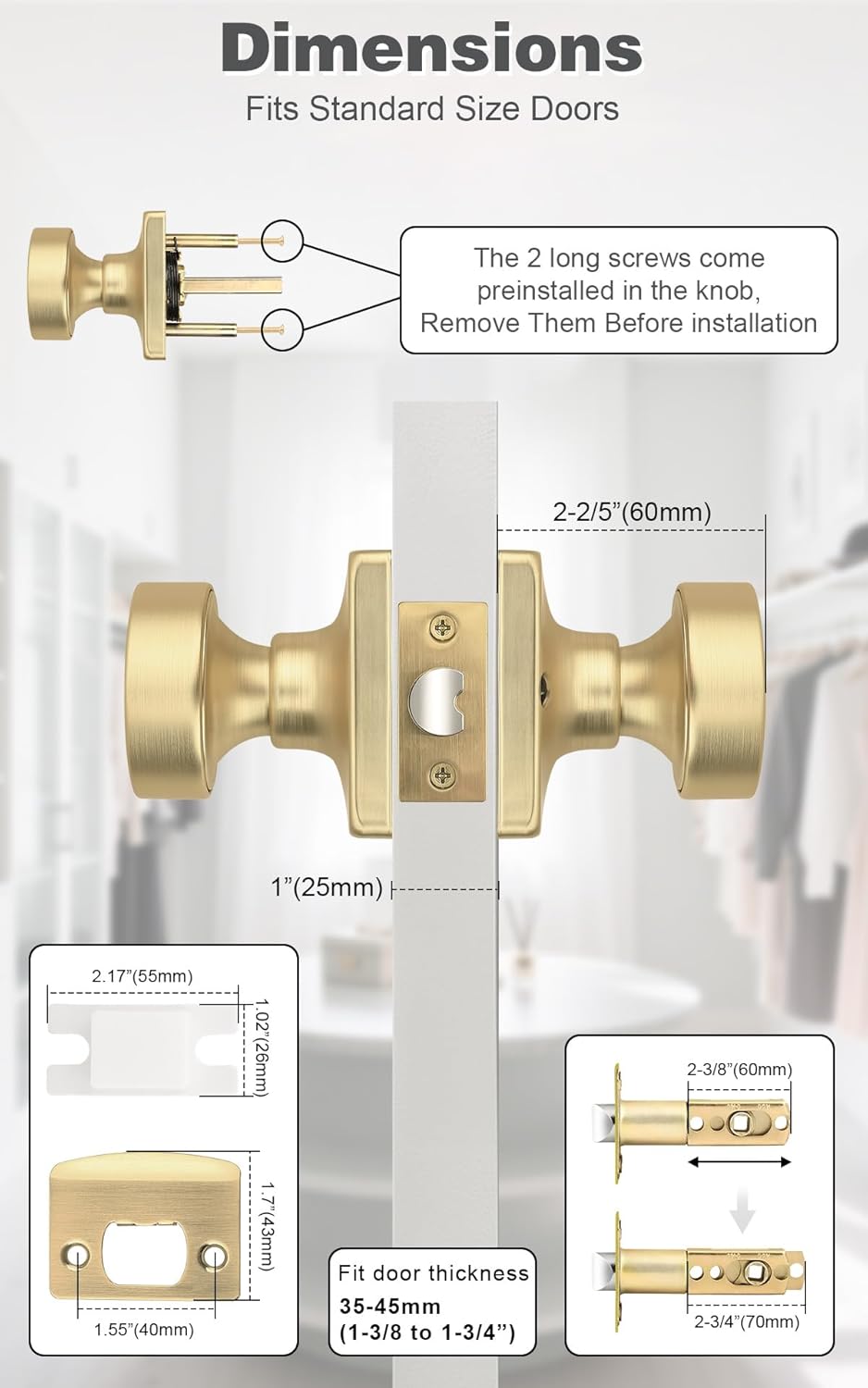 Probrico Unique Passage Door Knobs Interior 4 Pack, Classic Keyless Closet and Hallway Door Handles Inside, Square Base Doorknobs with Brushed Gold Finish