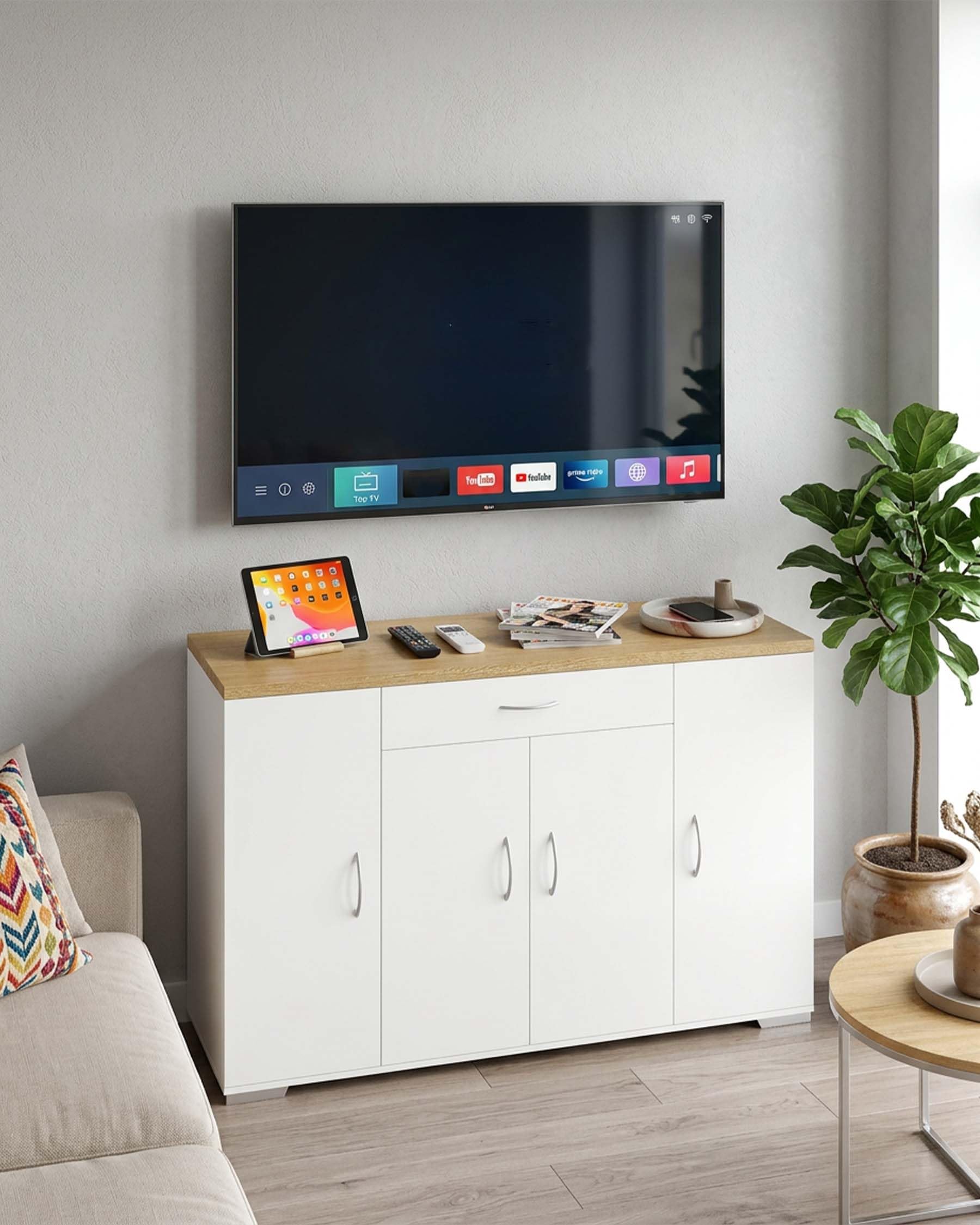 Comò Soggiorno Bianco 110 x 30 x 70 cm Comò Camera da Letto Mobile Soggiorno con 4 Ante e 1 Cassetto Credenza Bassa Mobile Contenitore per Ingresso Cucina
