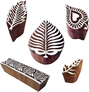 Designer Pattern Border and Leaf Wood Block Stamps Set of 5