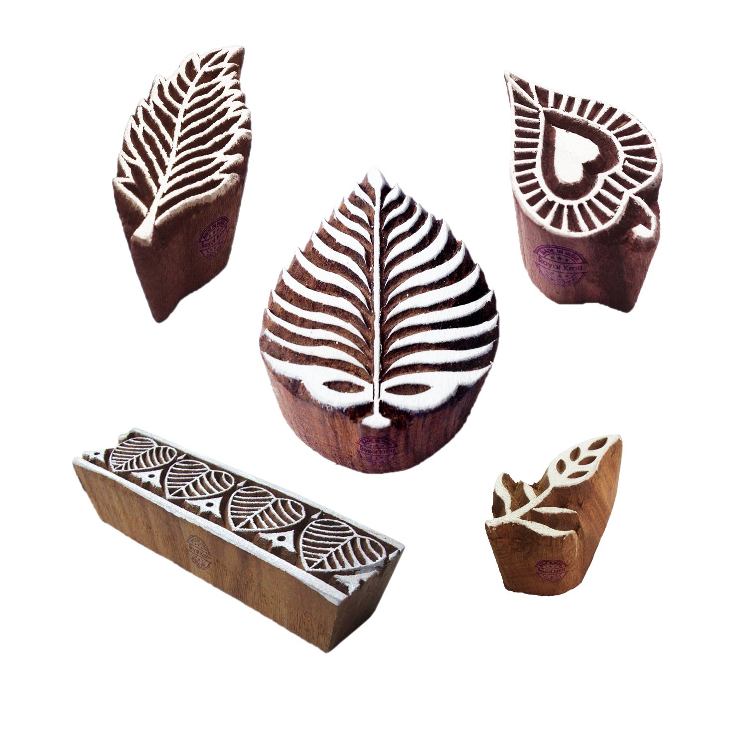 Set De 5 Tampons Bois Ethnique Feuille Et Fleur - Pour Impression Sur Tissu, Papier, Argile, Tatouage Temporaire