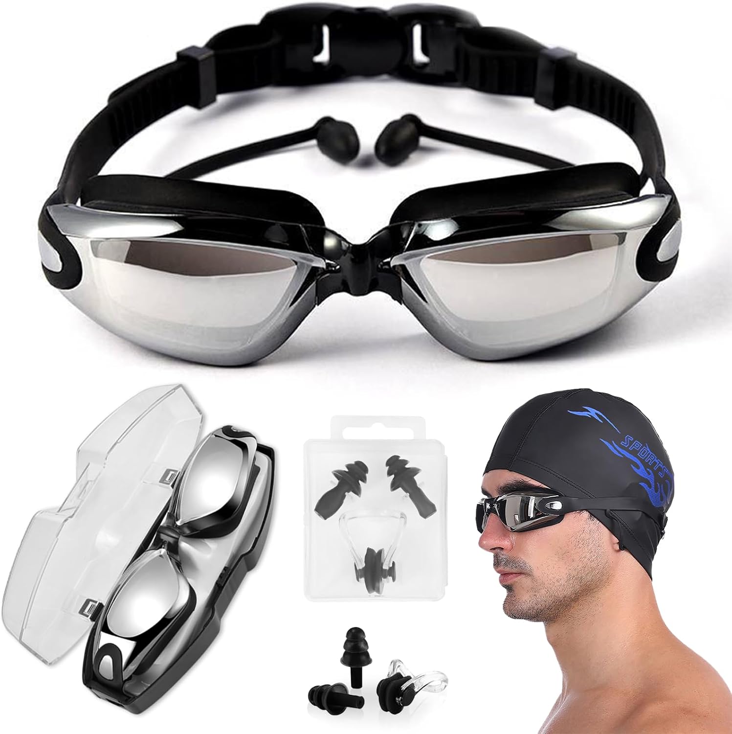 Swimming Goggles, HD Waterproof Anti Fog Swim Goggle Swimming cap Kit Equipment for Adults Men