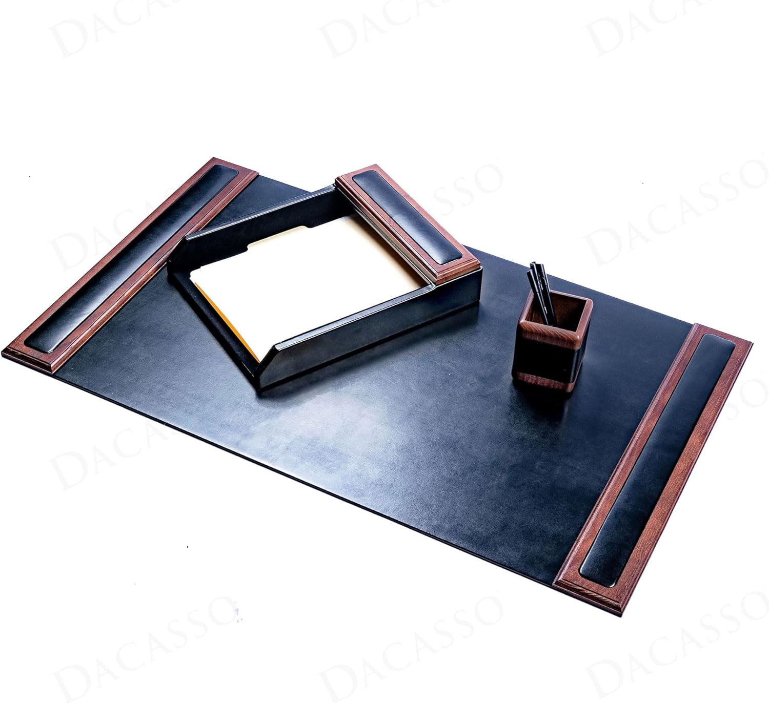 Dacasso Walnut & Black Leather Luxury 3 Piece Set - Blotter Pad & Desk Mat Organization Essentials - Executive Decor and Desk Surface Protector