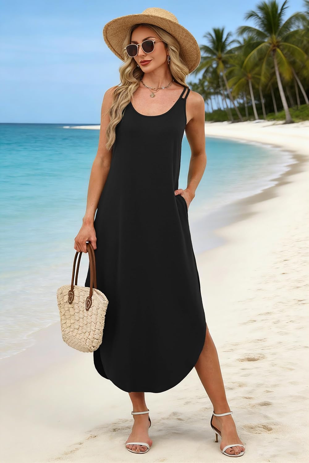 WIHOLL Summer Dresses for Women Spaghetti Strap Maxi Dress Scoop Neck Casual Boho Sundresses Beach Vacation Outfits Pockets - Image 2
