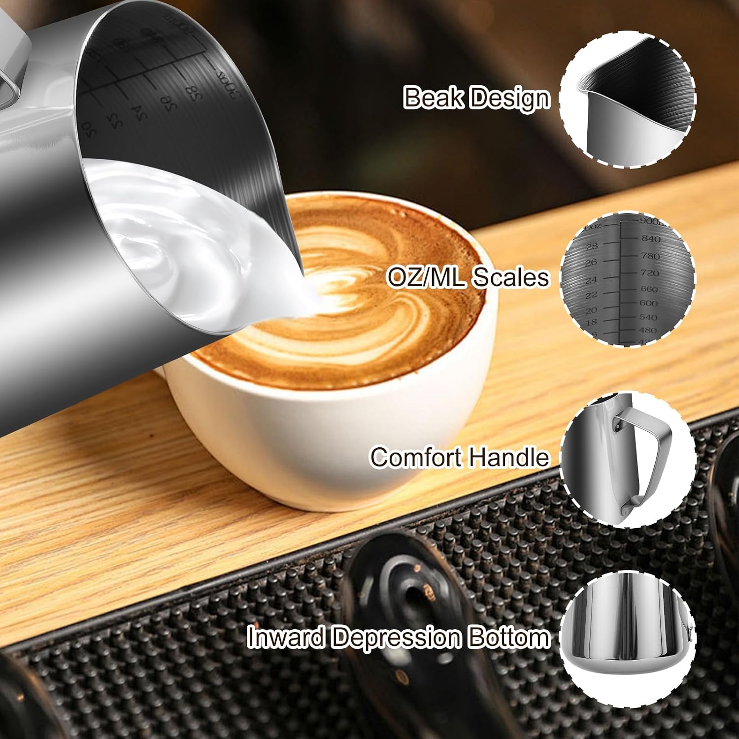 2 Pack Milk Frothing Pitcher with Handle Latte Art Pen and Scales, 900ml 32oz Stainless Steel Measuring Pitcher, Heat-Resistant Wide Mouth Graduated Cup, Metal Jug for Iced Tea Espresso Coffee