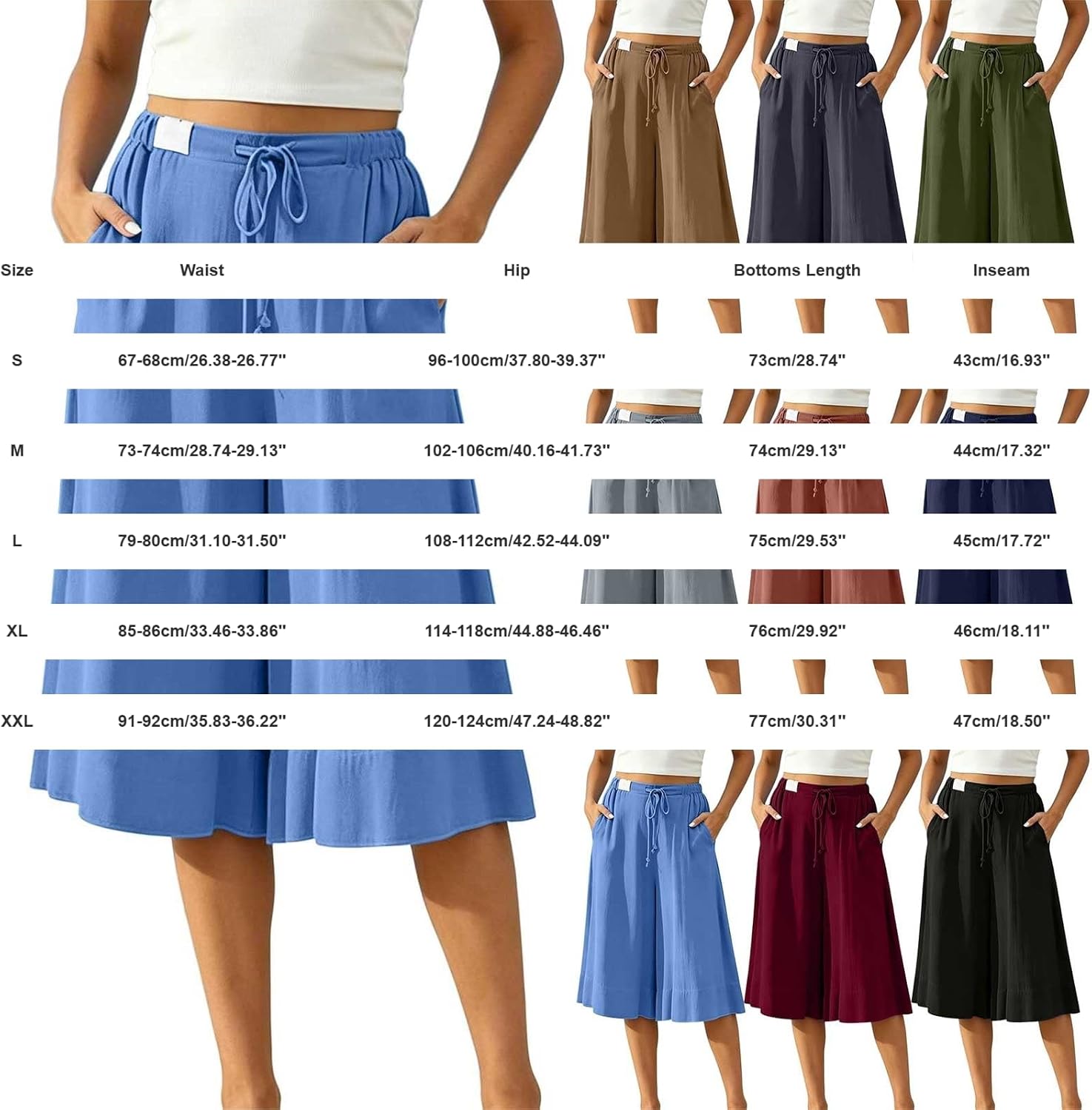 High Waist Pleated Flowy Linen Palazzo Culottes, Loose Wide Leg Pocketed Capri Pants for Women Summer Wear