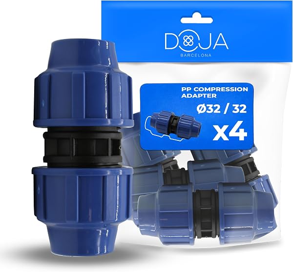 DOJA Barcelona Raccordo Compressione PP - 32mm x 32mm - Pack 4 - Connettore MDPE, Manicotto per Tubi PE a Scatto, Connessione Rapida, Resistente, Montaggio Semplice, Raccordi Tubi Irrigazione - 1