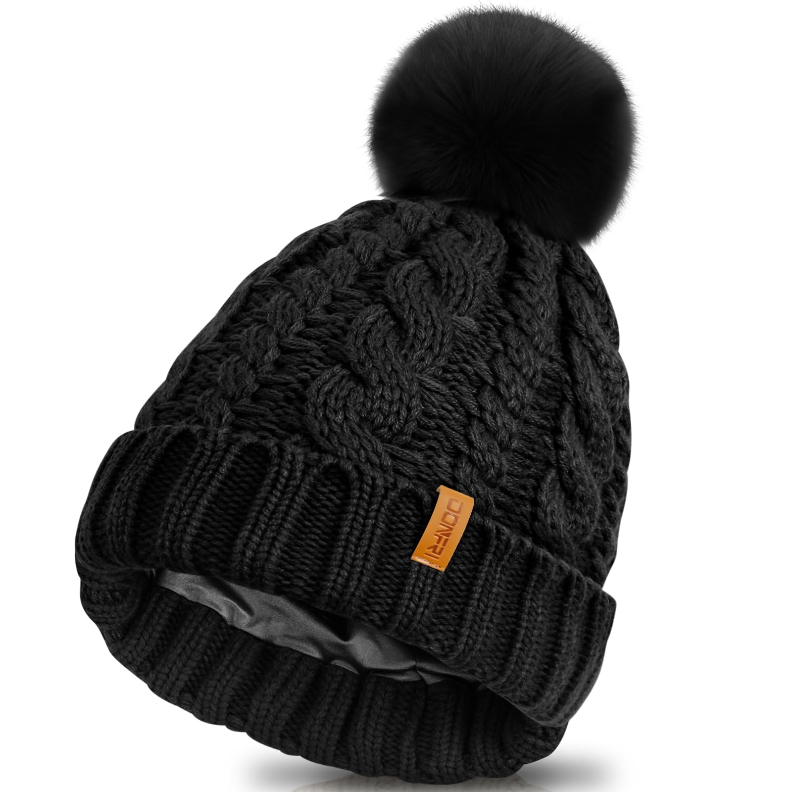 Donfri Beanie Hats for Women Satin Lined Beanie Winter Knitted Hat for Ladies Warm Bobble Hat (Black)