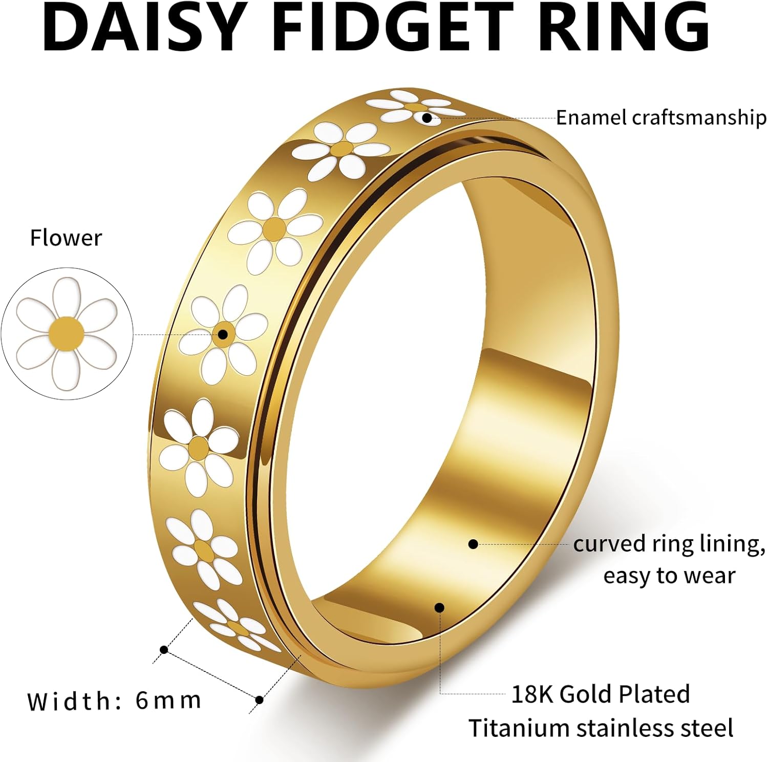Daisy Fidget Ring for Anxiety Relief - 18K Gold Plated Spinner Band for Stress Relief,Stainless Steel Statement Flower Ring for Women,Thoughtful Gift for Birthday Valentine's Day,Size 6-10 - Image 7