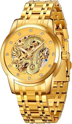 MASTOP Men Luxury Gold Chinese Dragon Automatic Self-Winding Watch Carved Dial Diamond Mechanical Skeleton Stainless Steel Waterproof Watch Casual Wristwatch