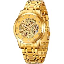 MASTOP Men Luxury Gold Chinese Dragon Automatic Self-Winding Watch Carved Dial Diamond Mechanical Skeleton Stainless Steel Waterproof Watch Casual Wristwatch